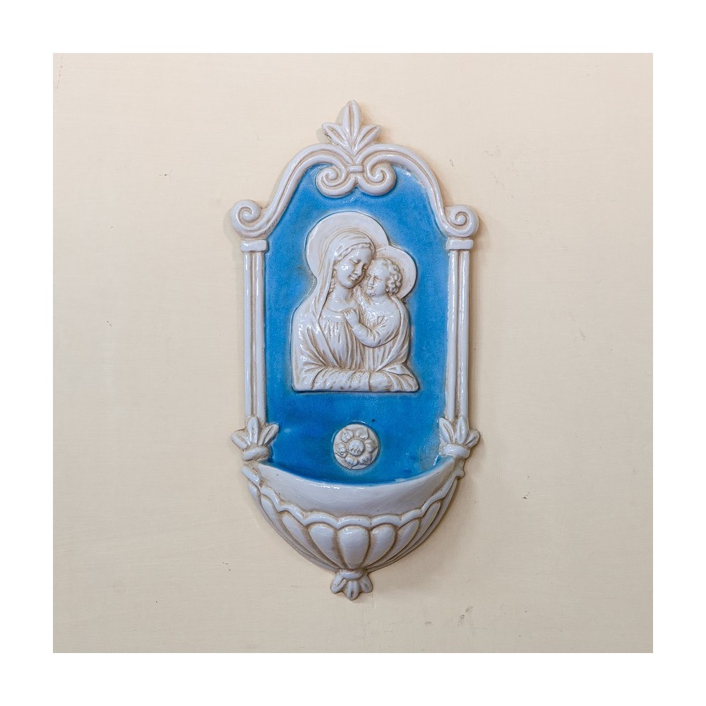 Holy Water Font with Colored Enameled Madonna in Ceramic